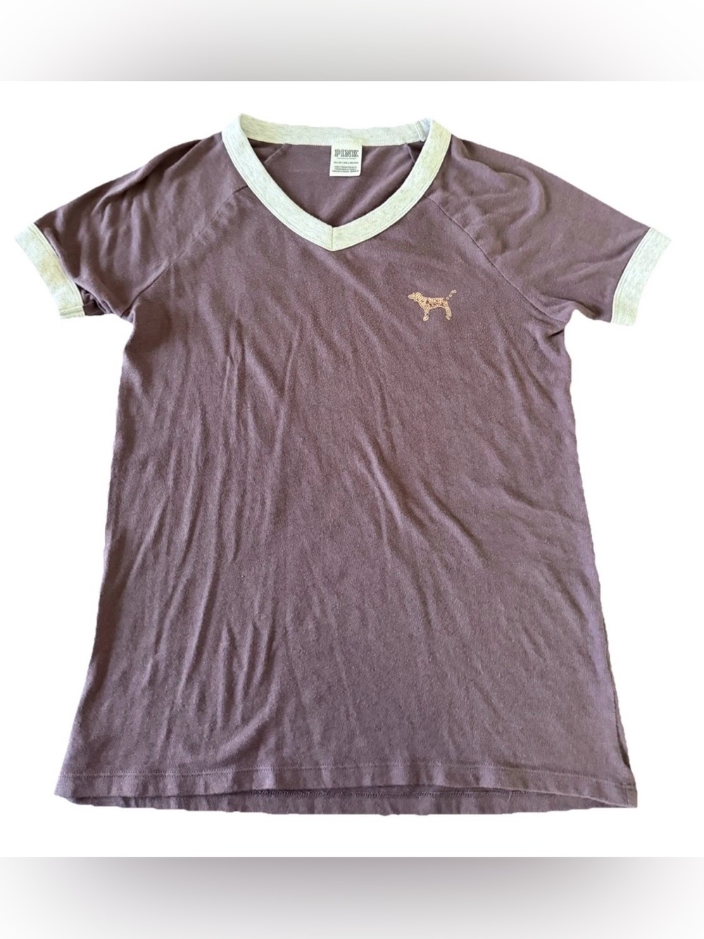 PINK V-neck Short Sleeve Tee PINK Sequins Logo on Back Contrast Trim